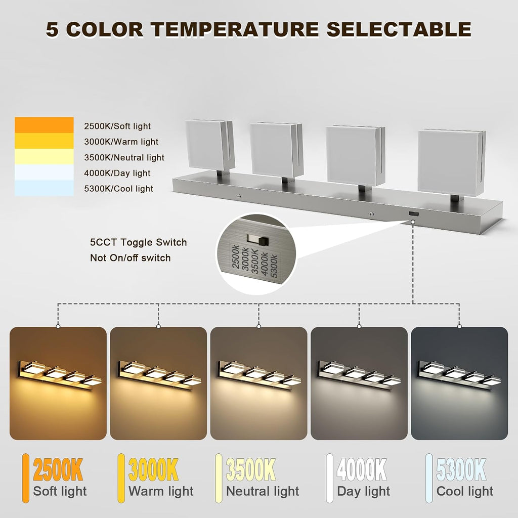 Joossnwell Bathroom Vanity Light Brushed Nickel Bathroom Lighting Fixture Over Mirror Modern (4-Light, 26.77-Inch) Dimmable 5CCT Led Bath Vanity Lighs