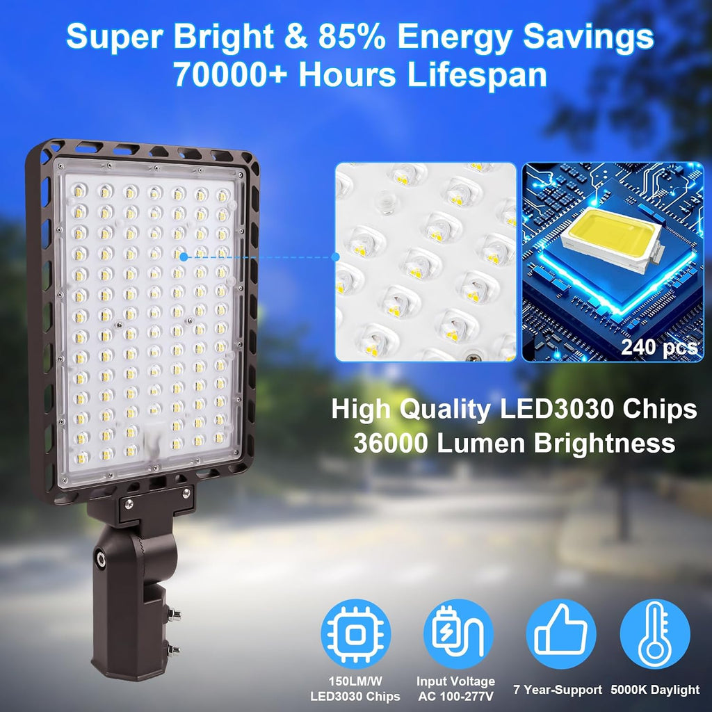 240W Parking Lot Light 36000LM 5000K Dusk to Dawn Pole Mount 3Pack | IP65 Watreproof, 180° Adjustable Bracket 100-277V Commercial LED Shoebox Light for Warehouse, Barn, Driveway