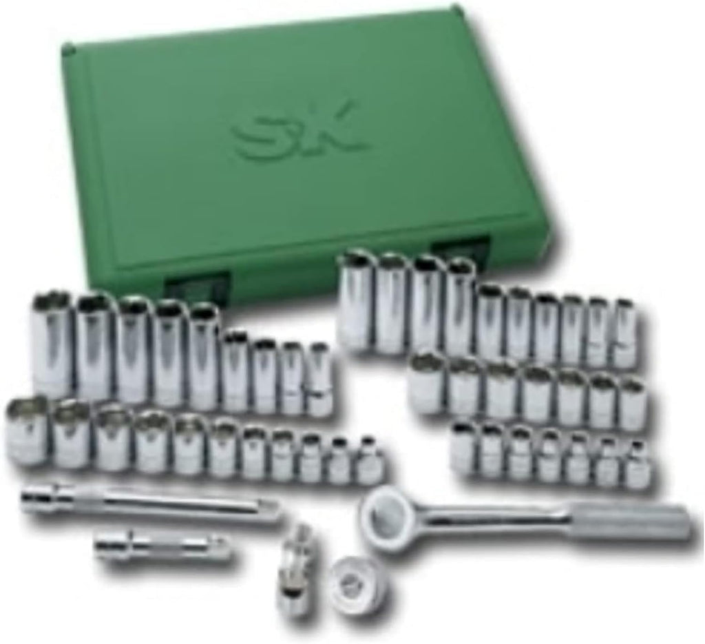 SK Tools USA 3/8' Drive, 49 Piece, 6 Point, Standard & Deep, SAE & Metric, SuperKrome Socket Set: 1/4' - 7/8', 6MM - 19MM, 94549