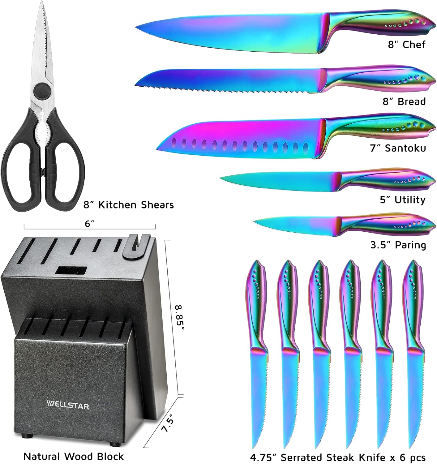 WELLSTAR Rainbow Knife Set 14 Pieces, Iridescent German Stainless Steel Kitchen Knives Set with Wooden Block, Colorful Titanium Coating, Chef's Knife Block Set with Scissors and Built-in Sharpener