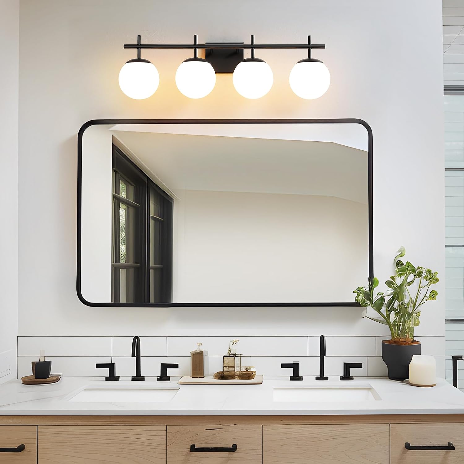 AIJIASI Bathroom Lighting Fixtures Over Mirror, 4-Light Matte Black Vanity Light, 30.7 Inch Modern Bathroom Light Fixtures with Milky White Glass Globe Shade Bath Vanity Lighting Fixtures Wall Sconce