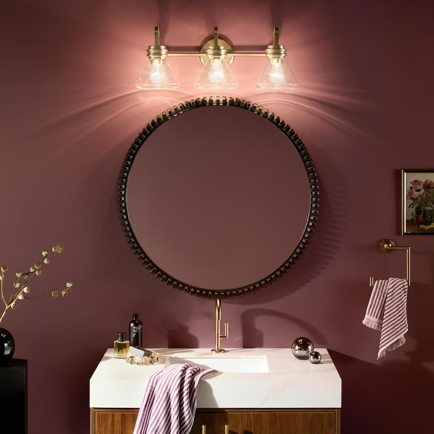 Kichler Farum 26' 3-Light Bathroom Vanity Light Fixture with Clear Glass in Champagne Bronze for Over Mirror, Modern Wall Mount Lighting (26' W x 9.5' H), 55155CPZCLR