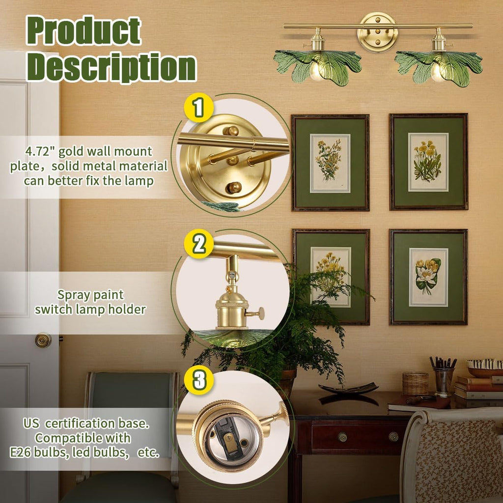 Green Bathroom Lighting Fixtures Over Mirror, Vintage Wall Sconces with Glass Shade Flower Vanity Lights Mid Century Wall Sconce Light Gold Wall Lighting for Bedroom Living Room Hallway