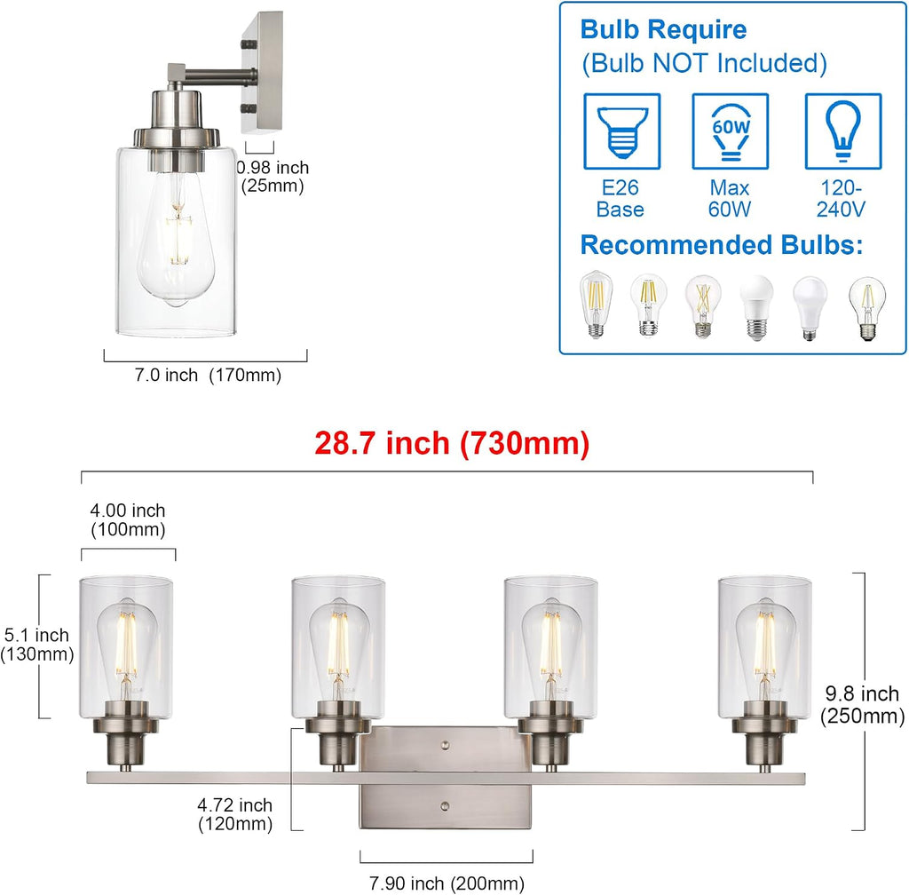 MELUCEE Bathroom Light Fixtures Brushed Nickel 4 Heads Modern Vanity Lights Wall Sconce with Clear Glass Shade for Hallway Kitchen Bedroom Living Room (Patent No.: US D963914 S)