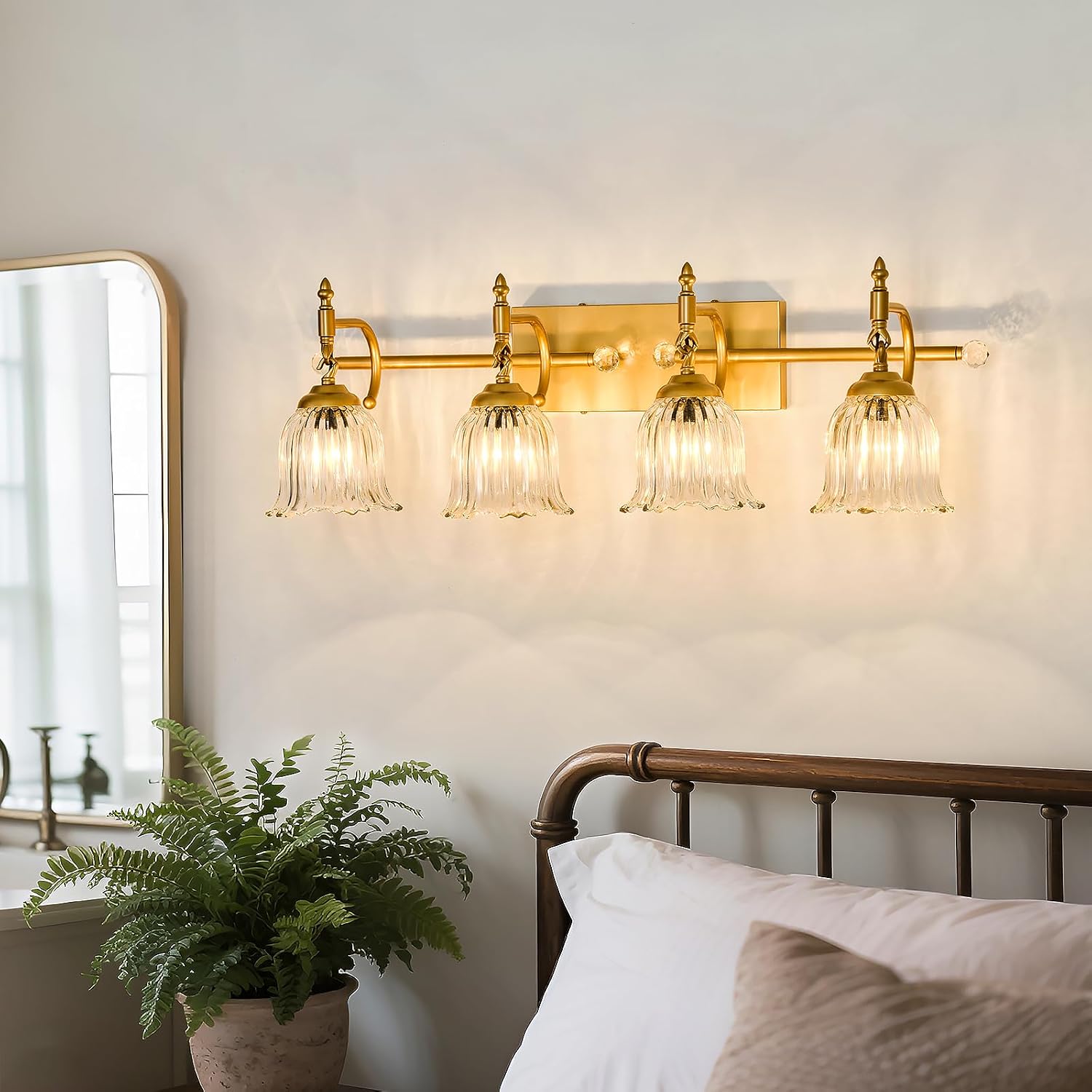 CVKASH 4-Light Bathroom Vanity Light Fixtures Over Mirror,Brushed Gold Modern Vanity Lights with Glass Shade Vintage Wall Sconce for Bedroom Dressing Room Living Room Hallway Cabinet