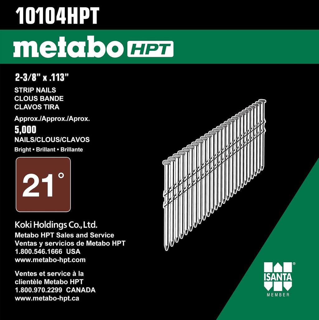 Metabo HPT Framing Nails | 2-3/8 In. x .113 | 21 Degree | Smooth Shank | Plastic Collated | Round Head | Electro Galvanized | 5,000 Count | 10104HPT