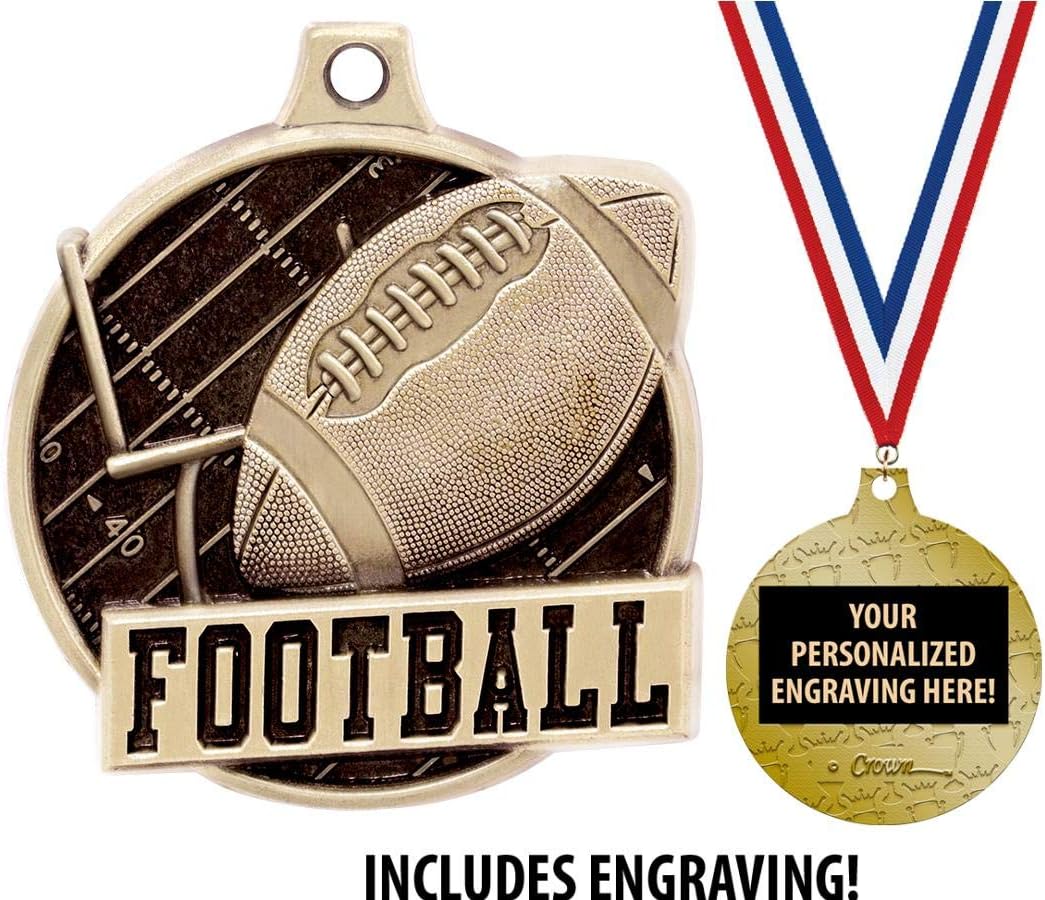 Football Medals - 1 1/2' Gold Football Medals, Great Kids Football Awards with Custom Engraving Prime