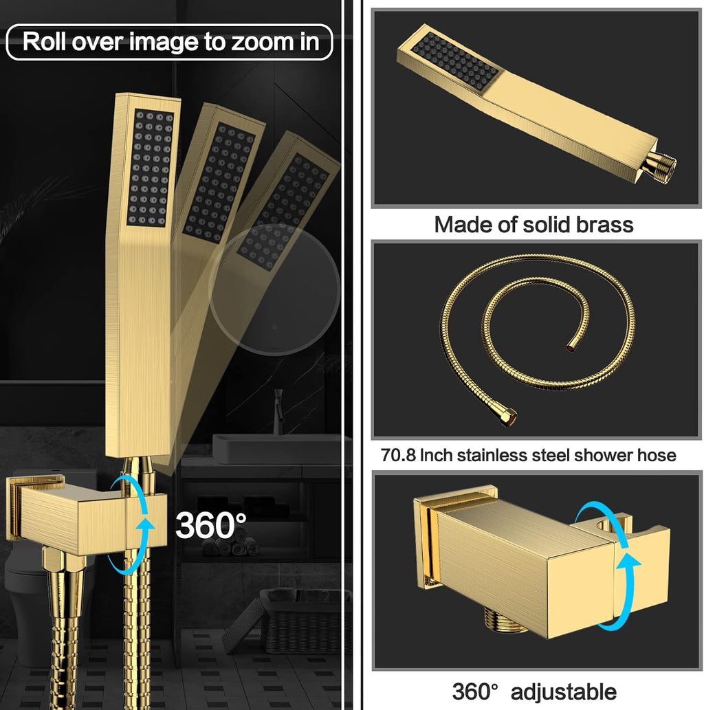 Rain Shower System 12 Inches Shower Head with Handheld Combo Set for Bathroom,High Pressure Rainfall Shower Faucet Set Wall Mounted,Rough-in Valve and Trim Kit(Brushed Gold)