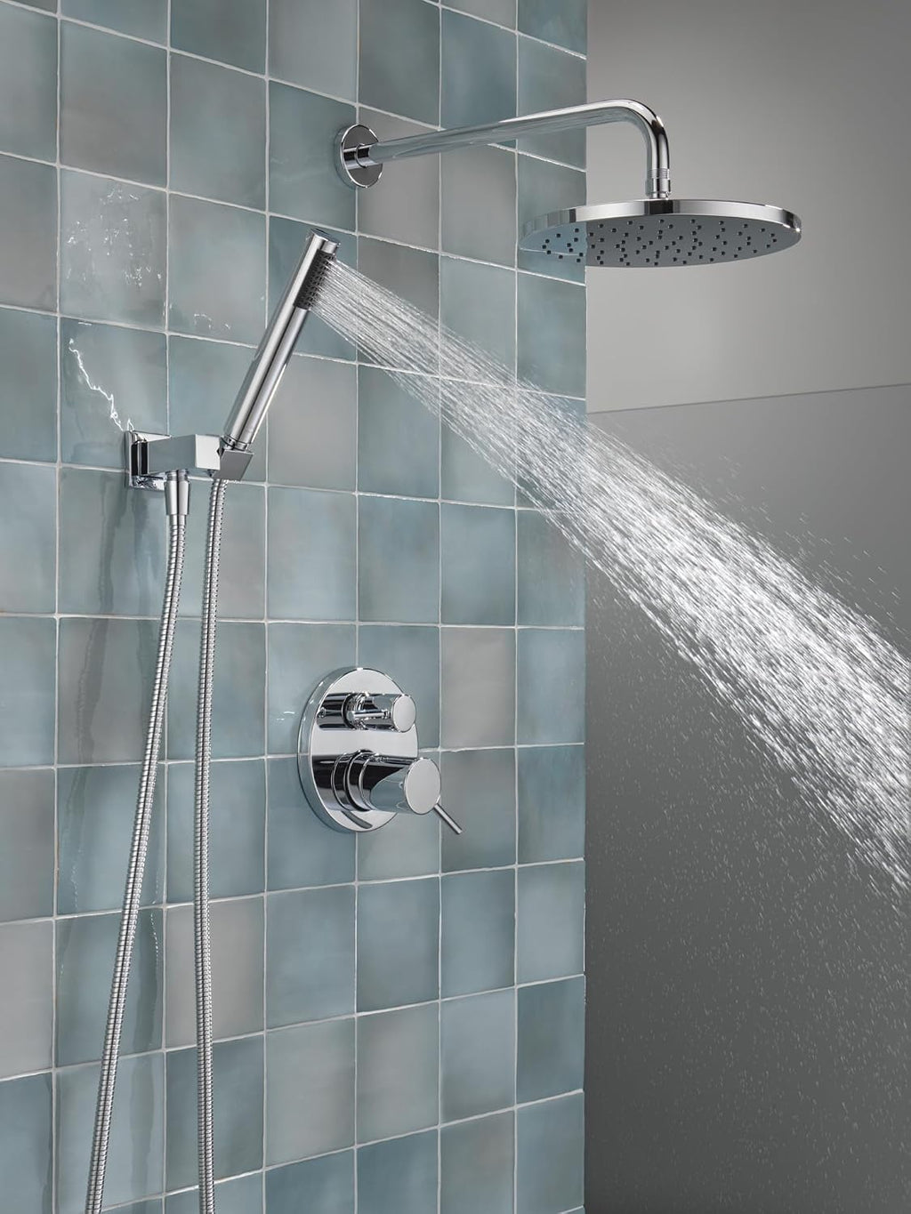 Delta Modern 14 Series Round Rain Shower System Faucet Set, Rainfall Chrome Shower Head and Handle Set, Valve Trim Kit, 10 Inch, Chrome 342702