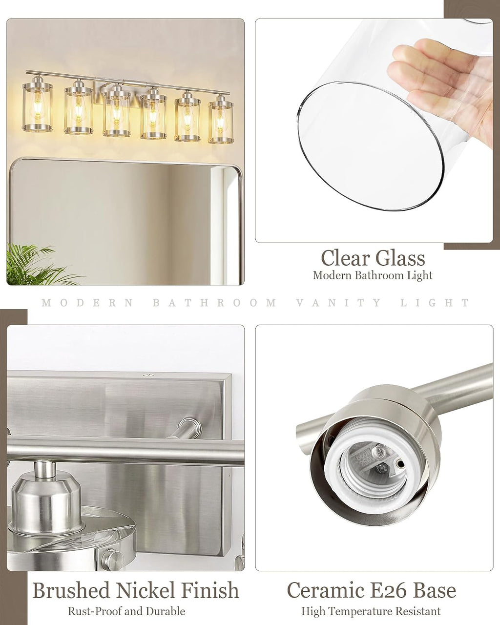 6-Light Brushed Nickel Bathroom Light Fixtures Over Mirror with Clear Glass and Metal Cage Shade, 42' UL-Listed Modern Farmhouse Wall Sconce for Bath, Hardwire E26, OS-3014BN-6W