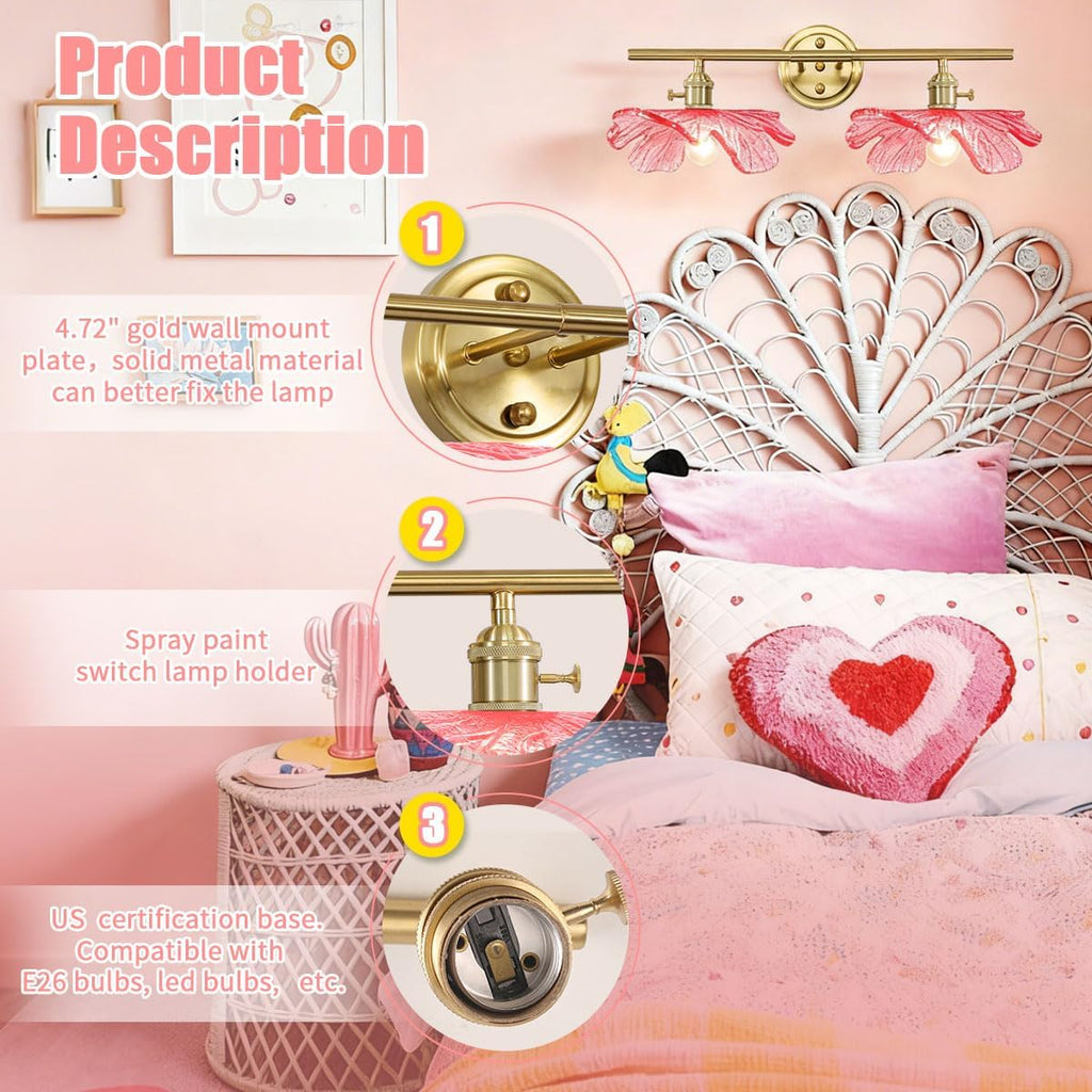 Pink Glass Wall Sconce Light Gold Brass Bathroom Vanity Lights | 2 Light, Bathroom Lights Over Mirror, Vintage, MCM, Grils Room,Bedside,Doorway, E26, Easy to Install, Wall Sconce, Wall Light