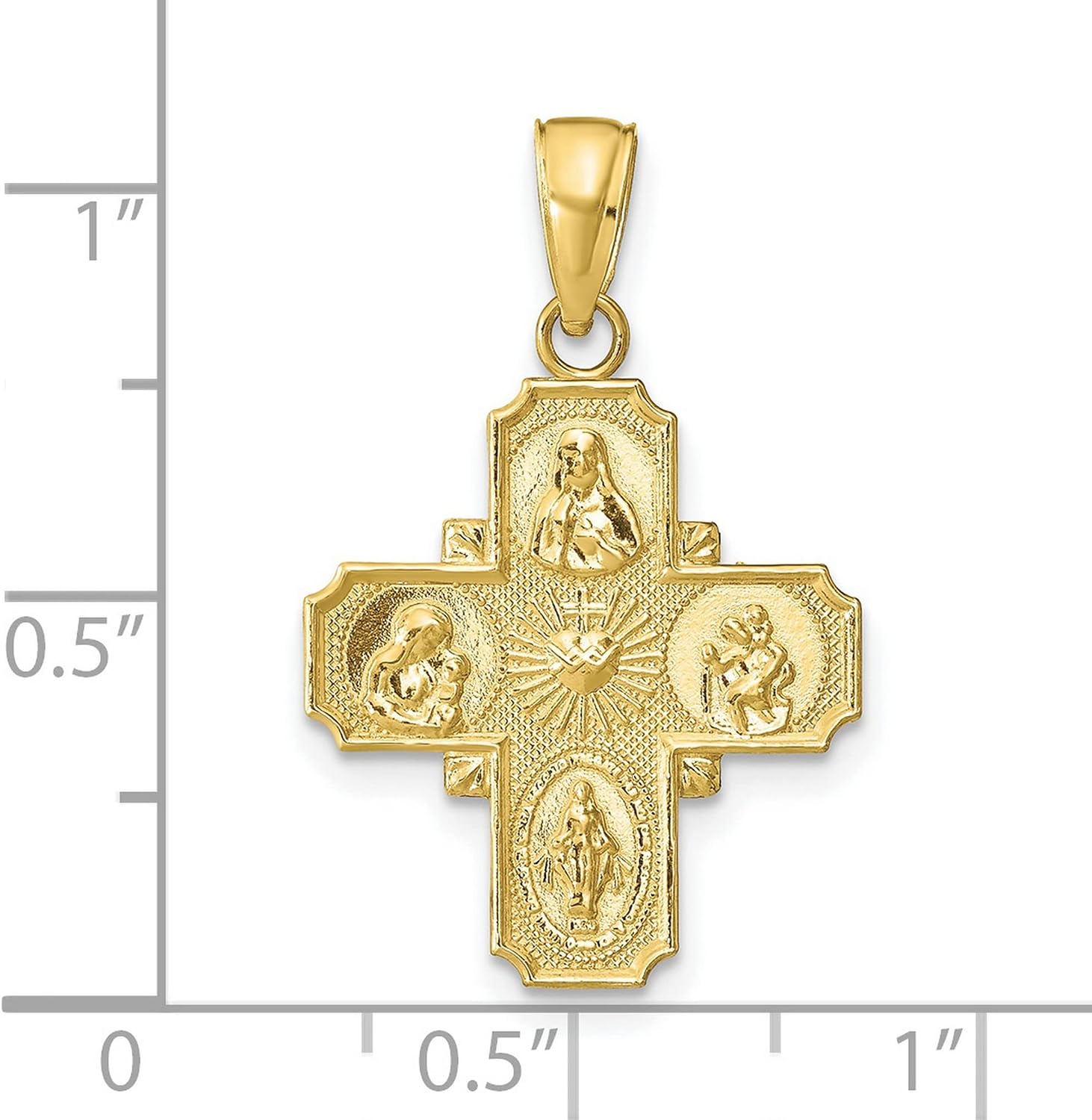 10k Yellow Gold Four Way Cross Pendant with Sacred Heart, Miraculous Medal, St. Joseph and St. Christopher for Catholic Men and Women - Religious Medal Necklace and Christian Faith Jewelry Accessory