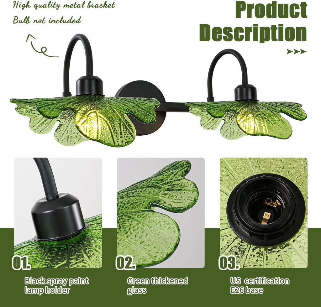 2-Light Vanity Light, Black Wall Sconce with Green Glass Shade, Vintage Bathroom Light Fixture for Over Mirror, Bedroom, Hallway, Living Room