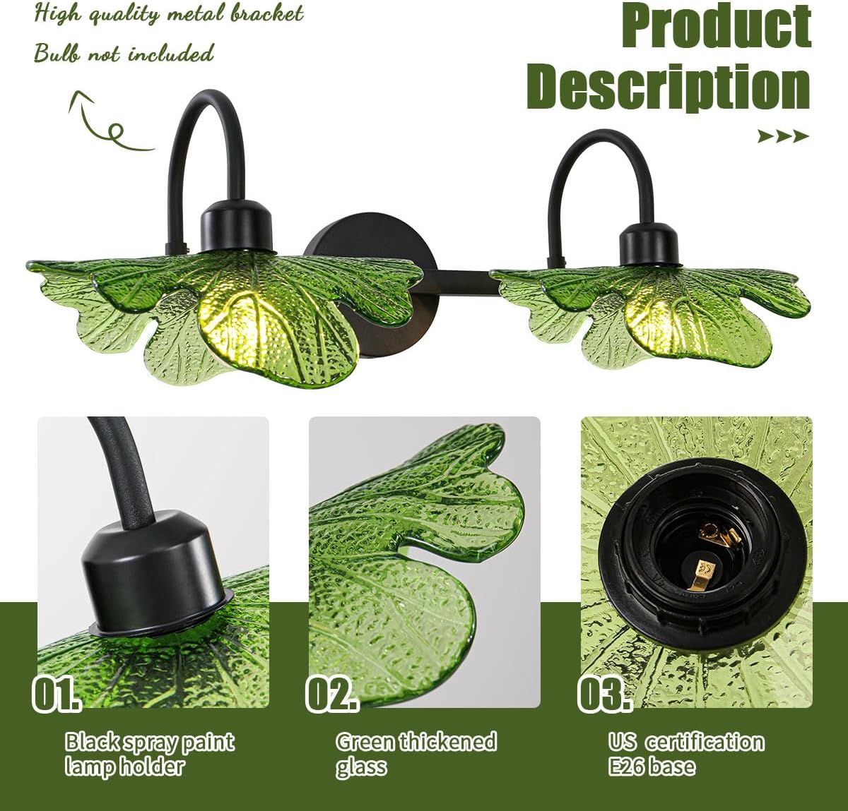 2-Light Vanity Light, Black Wall Sconce with Green Glass Shade, Vintage Bathroom Light Fixture for Over Mirror, Bedroom, Hallway, Living Room
