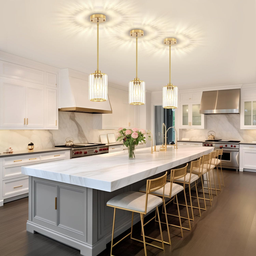 3 Pack Brushed Brass Pendant Lights Kitchen Island, Crystal Pendant Lighting Over Island Hanging Kitchen Lighting Fixtures Hallway Ceiling Lights Modern Pendant Light for Dining Room Bathroom Foyer
