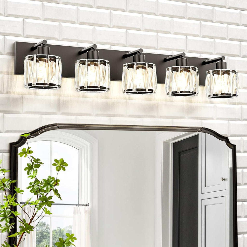 VOLISUN Crystal Vanity Lights for Bathrooms, 5 Light Bathroom Vanity Light, Modern Matte Black Bathroom Light Over Mirror, Black Bathrooms Lights Fixtures-UL Certificated(Exclude Bulb)