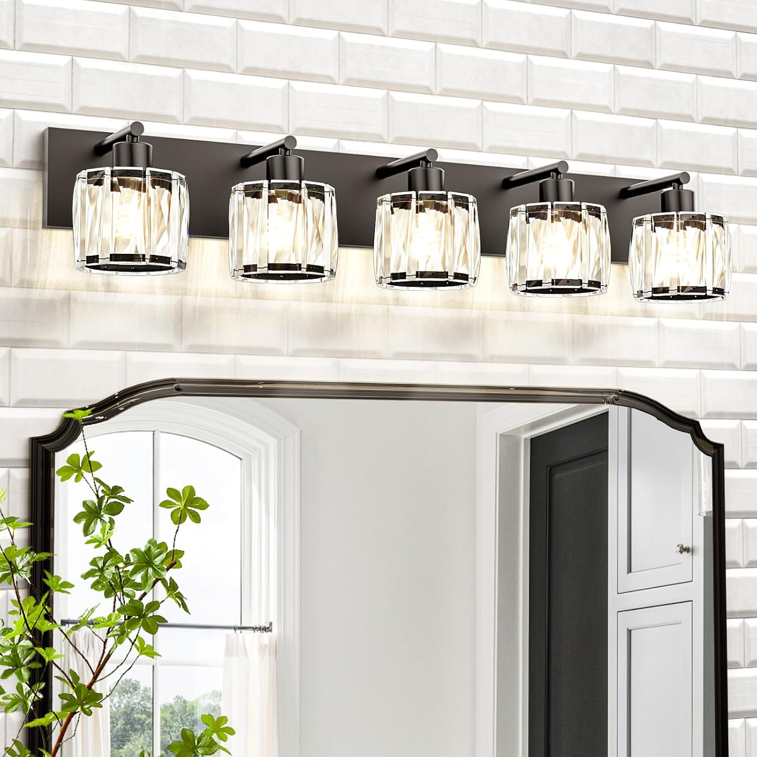 VOLISUN Crystal Vanity Lights for Bathrooms, 5 Light Bathroom Vanity Light, Modern Matte Black Bathroom Light Over Mirror, Black Bathrooms Lights Fixtures-UL Certificated(Exclude Bulb)