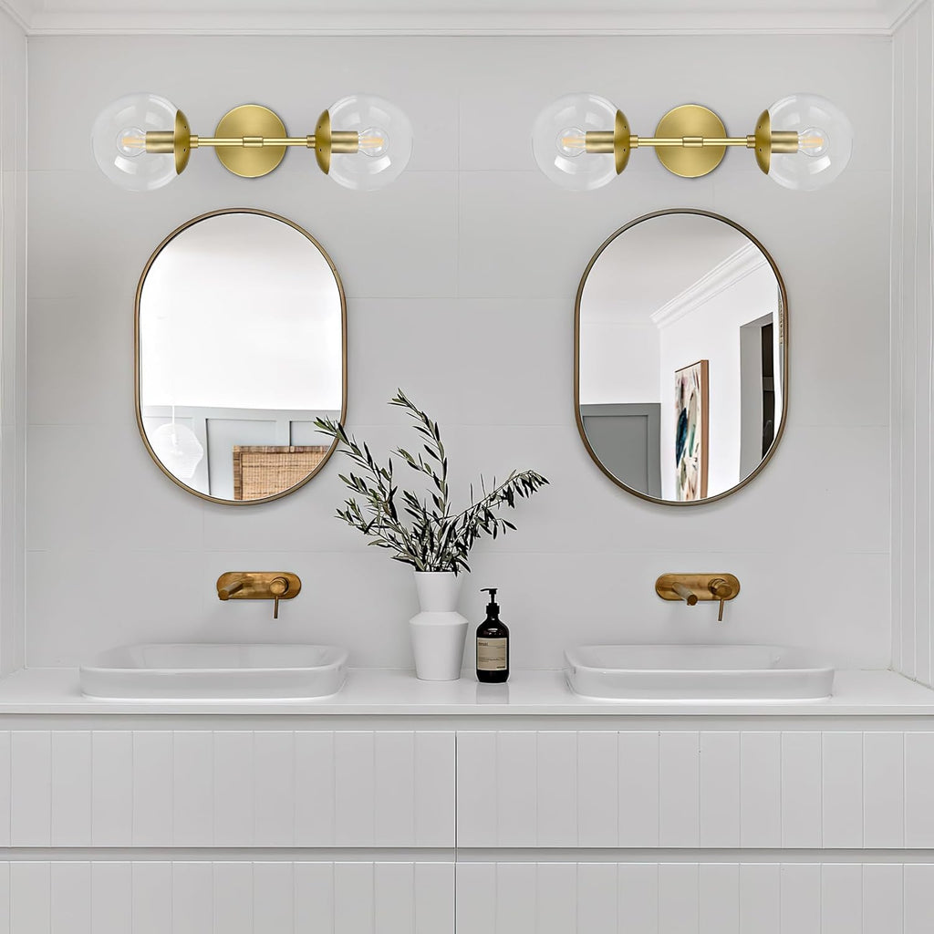 KoKo&Yukina 2 Pack Mid Century Modern Bathroom Vanity Light Brushed Gold Vanity Lighting Fixtures Modern Wall Sconce 2-Lights Globe Vanity Light with Clear Glass Shade for Bathroom(Bulb Incl)