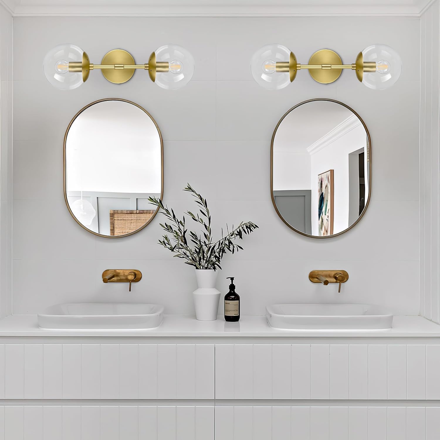 KoKo&Yukina 2 Pack Mid Century Modern Bathroom Vanity Light Brushed Gold Vanity Lighting Fixtures Modern Wall Sconce 2-Lights Globe Vanity Light with Clear Glass Shade for Bathroom(Bulb Incl)