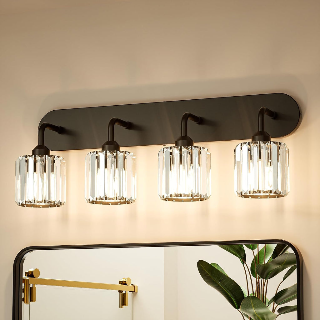 Keonjinn 4-Light Bathroom Light Fixtures, Crystal Black Bathroom Vanity Lights Over Mirror, Vanity Lighting Fixtures with Crystal Square Shades (E26 Socket, Exclude Bulb)