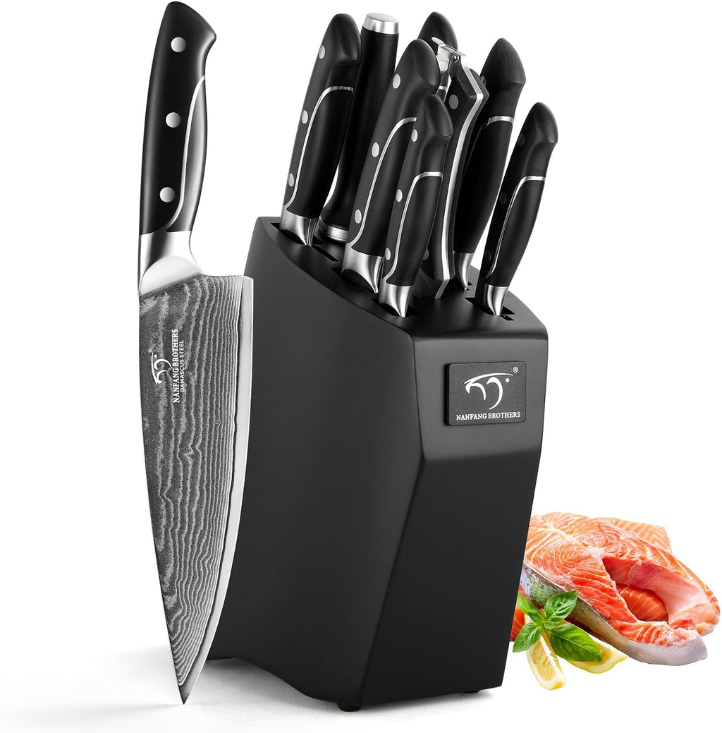 Damascus Kitchen Knife Sets, 9 Pieces Kitchen Knives Set with Block, ABS Ergonomic Handle for Chef Knife Set, Knife Sharpener and Kitchen Shears, Knife Block Set