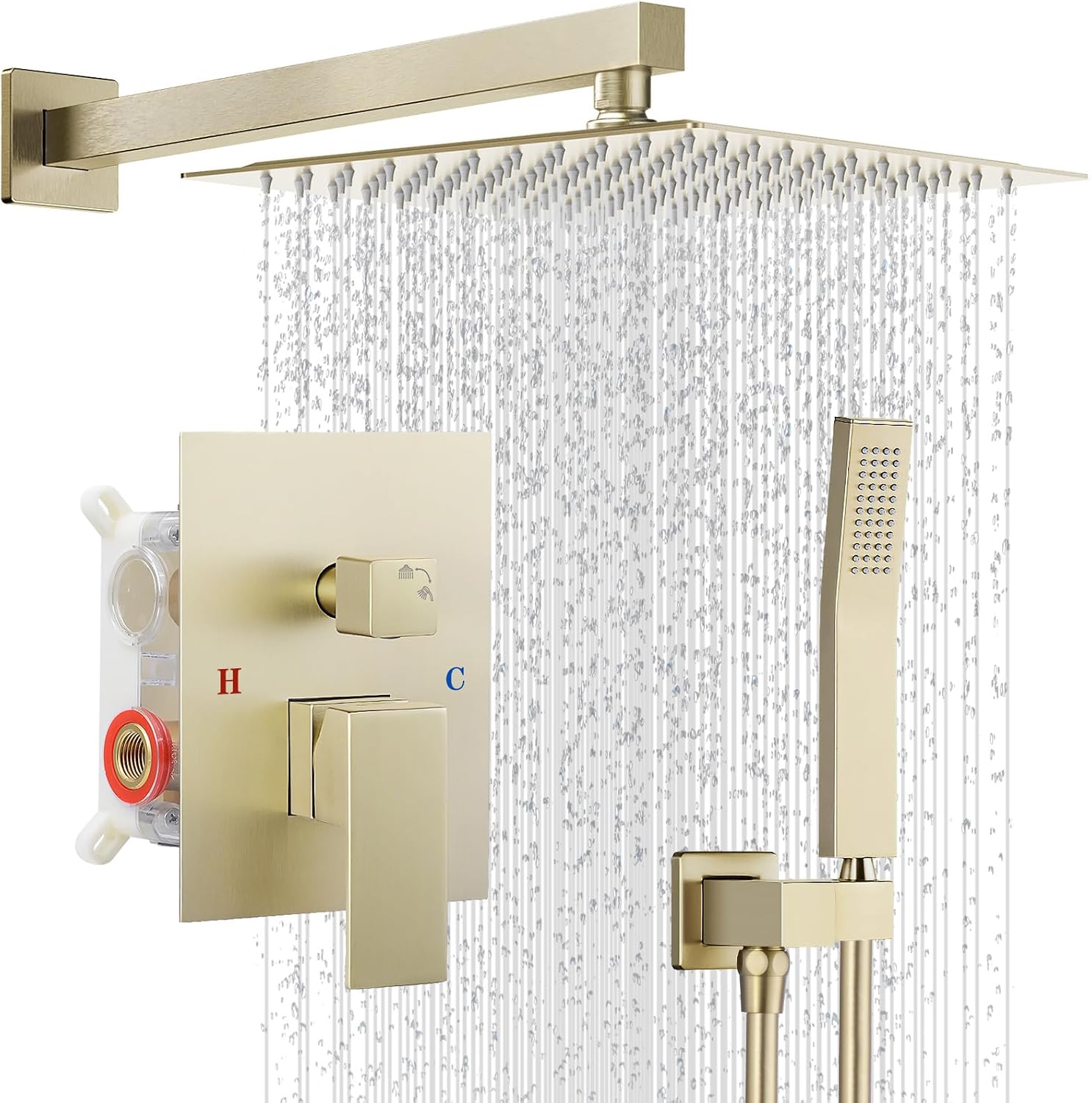 10' Square Rain Shower Faucet Set, Wall Mount, Brush Gold | 304 SS , air tech boosts pressure 50%, dual spray, anti-fingerprint