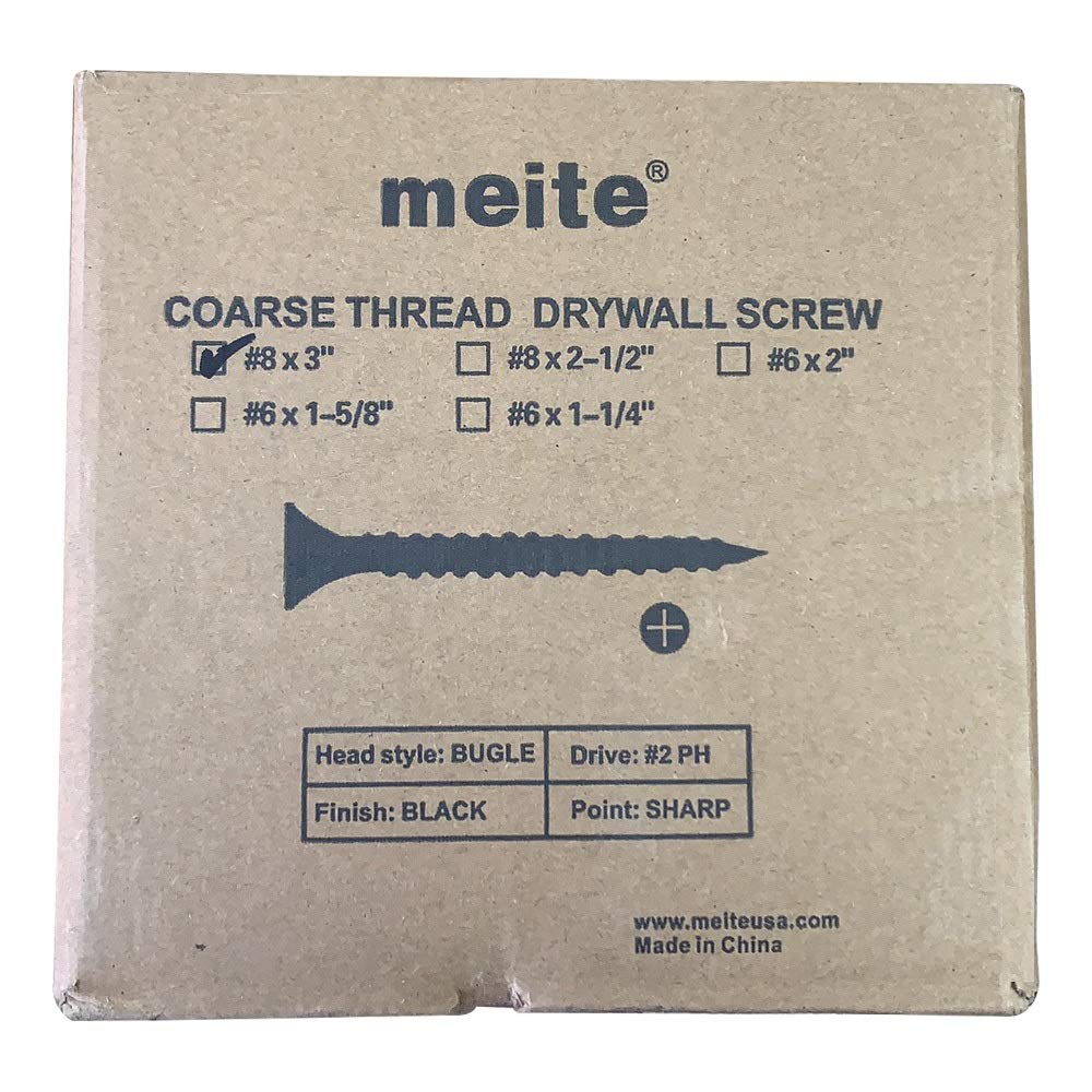 meite #8 Coarse Thread Drywall Screws 3-Inch Leg Length with Bugle Head Phillips Drive Drywall Screw Nails, 2000 Per Case