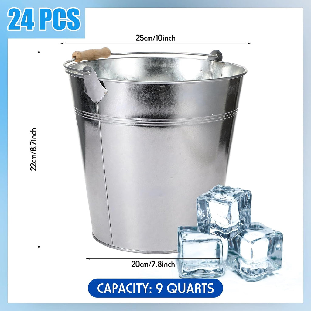 Didaey 24 Pcs 9 Quart Large Galvanized Metal Buckets with Handle Inch Heavy Duty Stainless Steel Pails Round Pail for Party Wedding, Crafts, Utensils, Table Centerpieces (Silver)