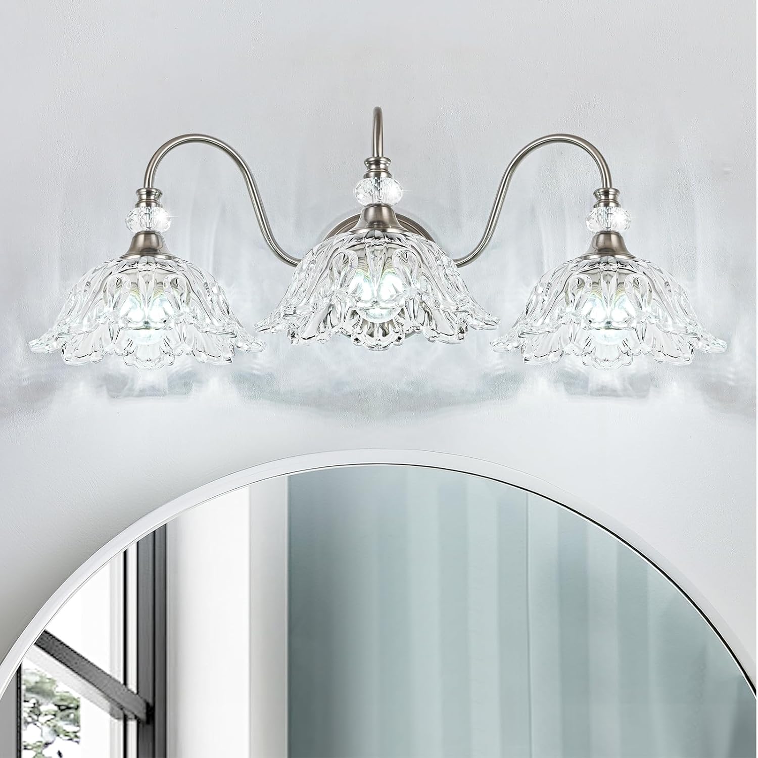 Brushed Nickel 3-Light Bathroom Vanity Light with Floral Clear Glass Shades, Brushed Nickel Wall Mount Lighting for Bathroom, Dressing Table
