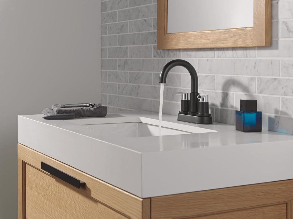 Delta Nicoli Centerset Matte Black/Chrome Bathroom Faucet, 4 Inch 3 Hole Bathroom Sink Faucet for Vanity, Push-Pop Drain Assembly, Matte Black/Chrome 25749LF-CS