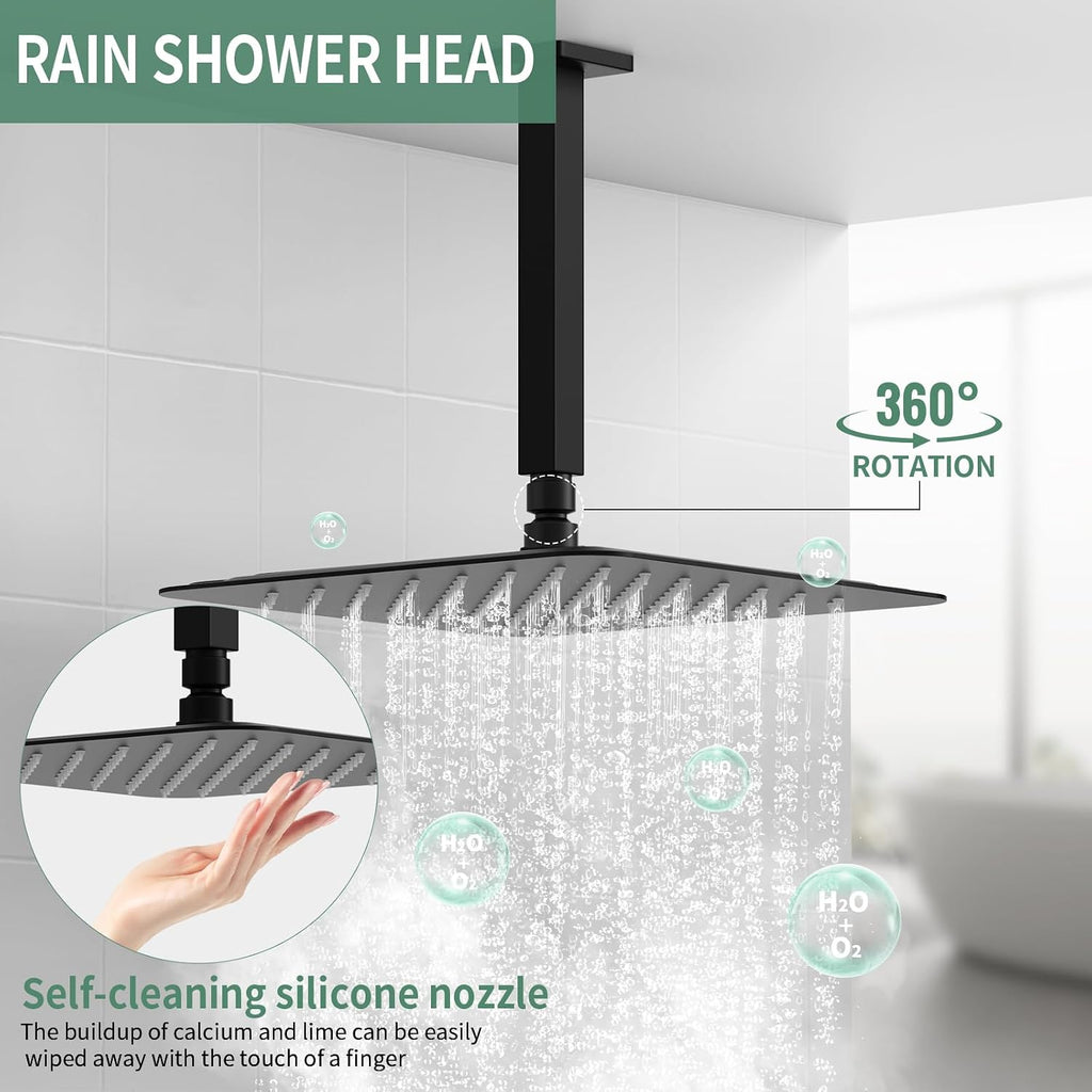 SunCleanse Rainfall Shower System Matte Black Ceiling Mounted Shower System Combo Set with High Pressure 12 Inches Square Rain Shower Head Handheld and Shower Faucet Rough-in Mixer Valve and Trim