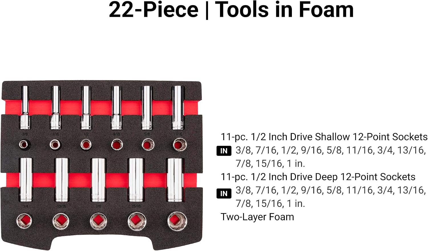 TEKTON 1/2 Inch Drive Shallow and Deep 12-Point Socket Set with Open Top Drawer and Rack, 22-Piece (3/8-1 in.) | SHD92705