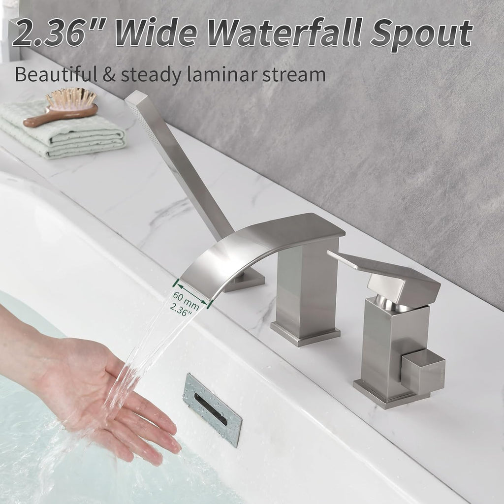 TapLong Waterfall Roman Tub Faucet with Hand Shower, Deck Mount Bathtub Faucets High Flow Widespread 3 Hole Bathtub Shower Faucet Set, Brushed Nickel, 03766BN