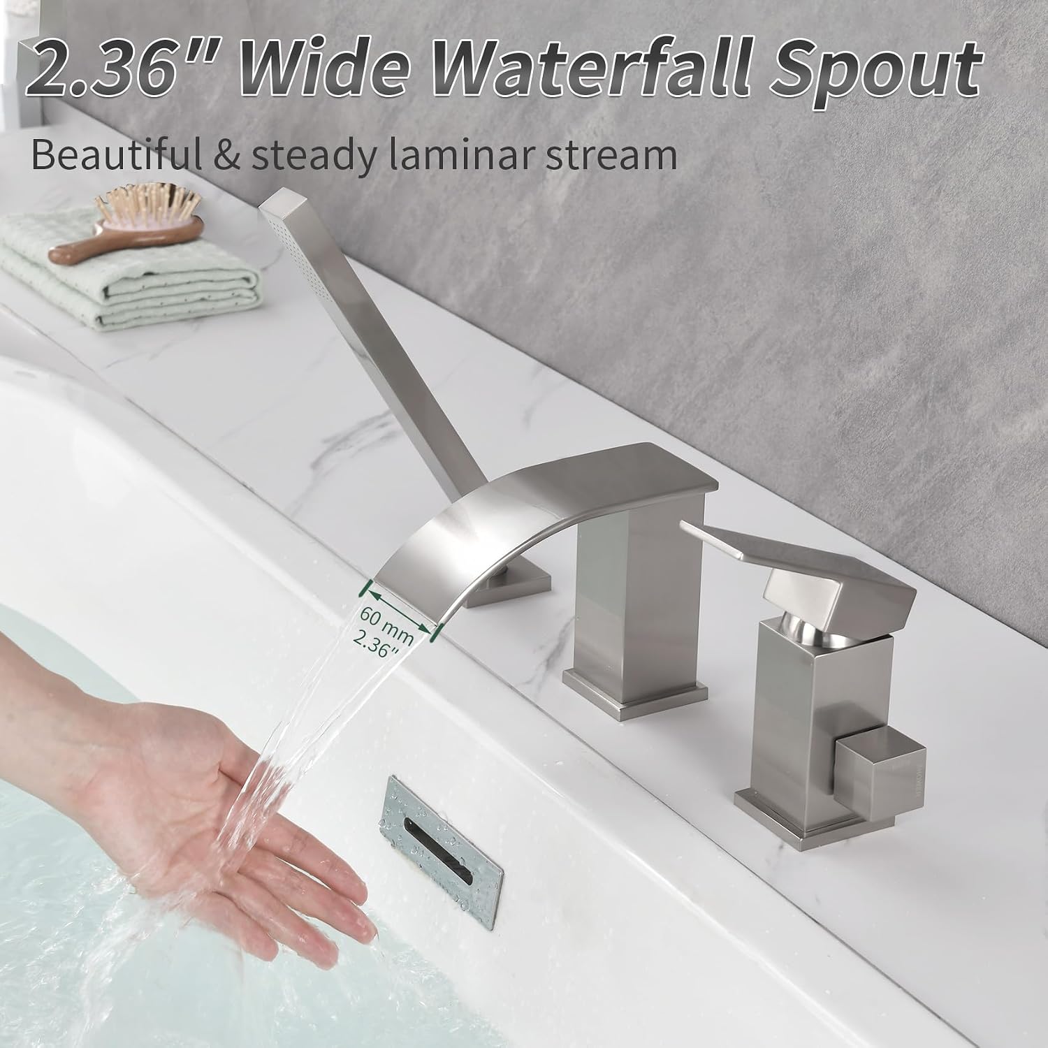 TapLong Waterfall Roman Tub Faucet with Hand Shower, Deck Mount Bathtub Faucets High Flow Widespread 3 Hole Bathtub Shower Faucet Set, Brushed Nickel, 03766BN