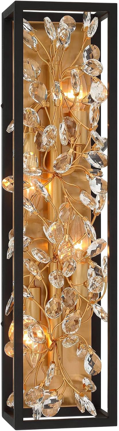 Possini Euro Design Carrine Modern Wall Lights Set of 2 Black Gold Plated Hardwired 6' 4-Light Fixture Clear Crystal Flower Vine for Bedroom Bathroom Vanity Reading Living Room Hallway House Home