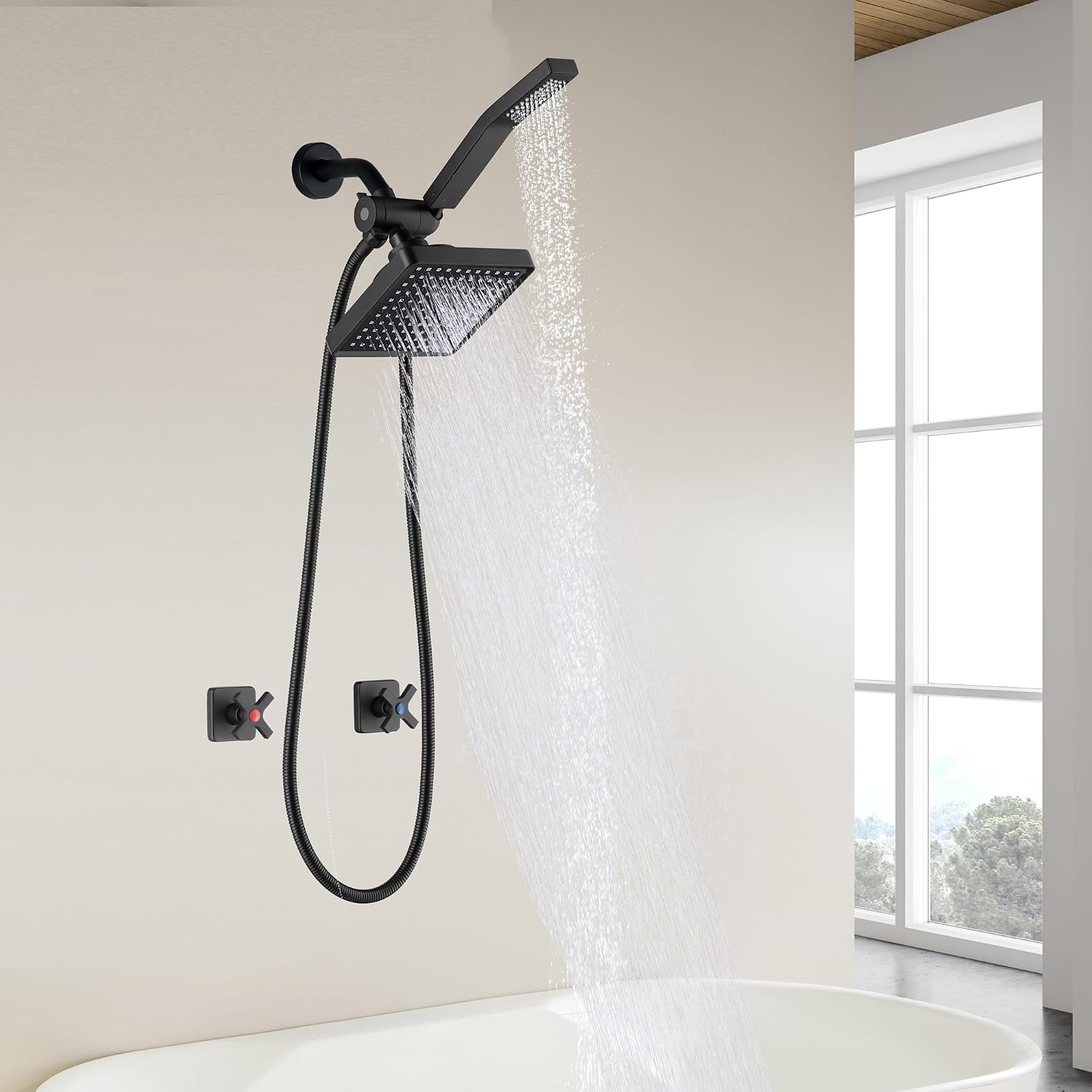 2 Handle Shower Faucet set, Matte Black Two Handle Shower Faucets Sets Complete 2 Knob Shower Faucet and Hand Shower
