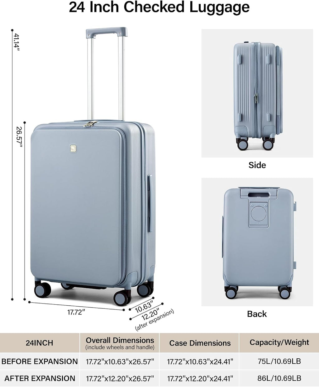 Hanke 24Inch Expandable Luggage Top Opening Medium Checked Luggage Hard Shell Suitcases with Wheels Travel Luggage Rolling Suitcase with Cup Holder(Grey)