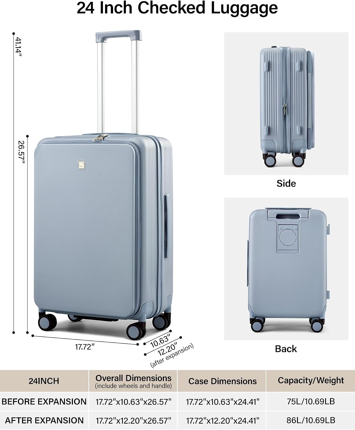Hanke 24Inch Expandable Luggage Top Opening Medium Checked Luggage Hard Shell Suitcases with Wheels Travel Luggage Rolling Suitcase with Cup Holder(Grey)