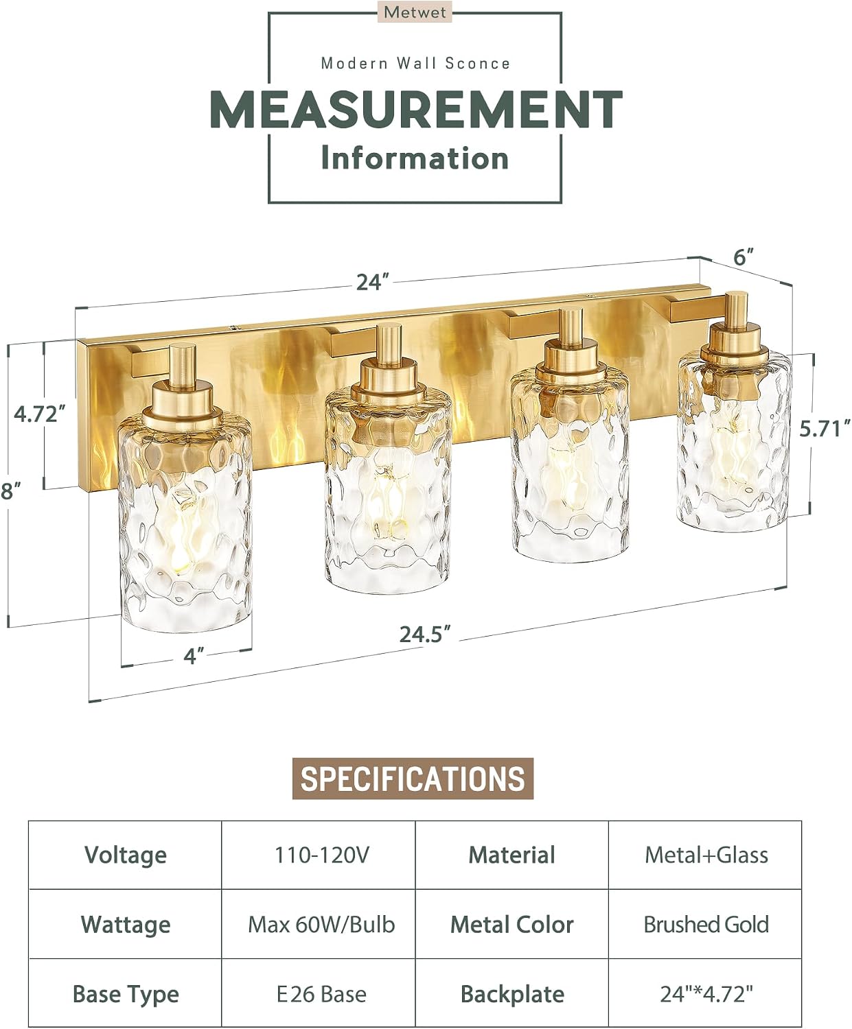 4-Light Bathroom Light Fixtures, 24.5 Inch Brushed Gold Vanity Lights with Clear Hammered Glass Cylinder Shade, Modern Vanity Lighting Fixture Over Mirror, VL198-BG-4