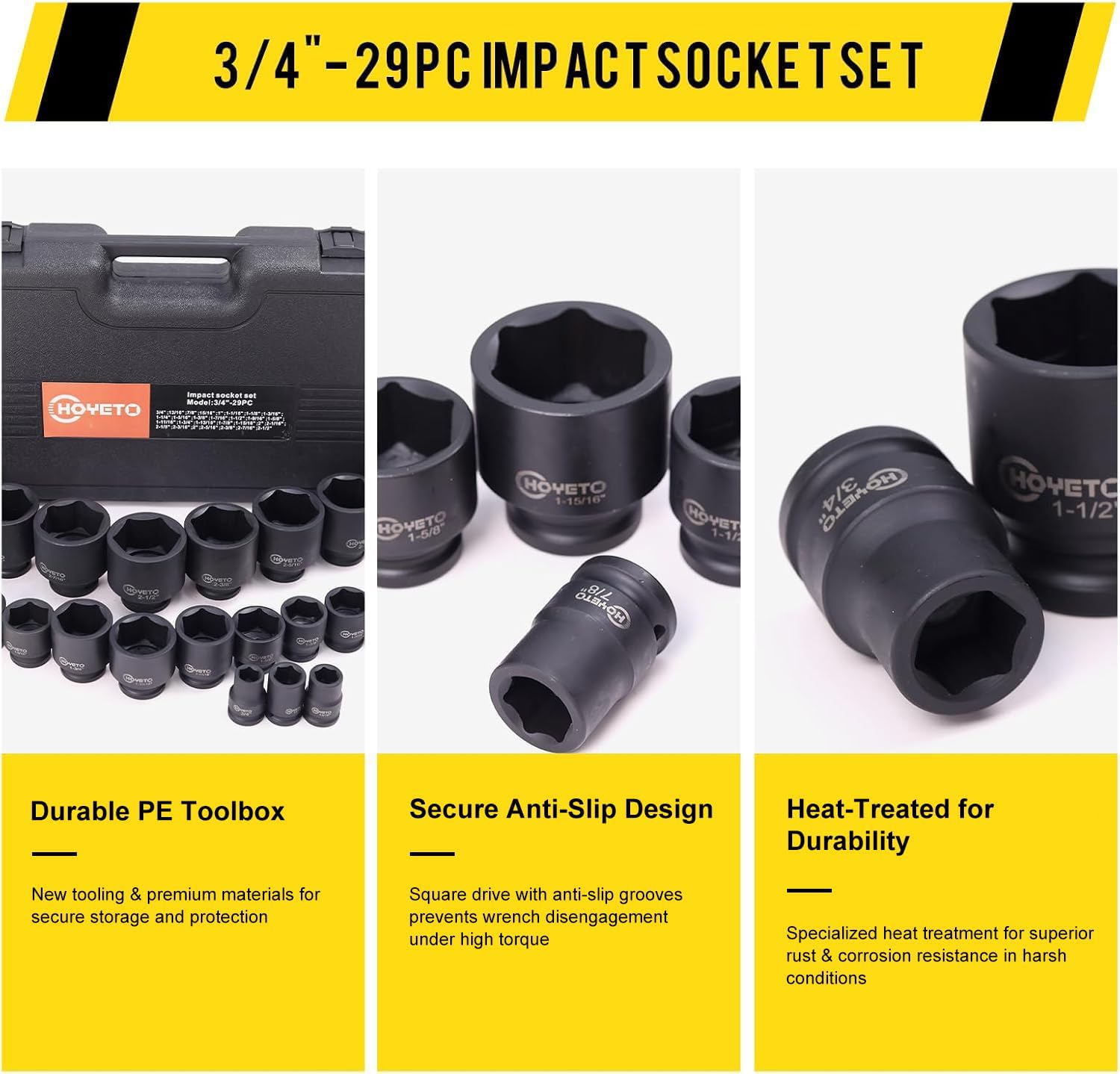 29-Piece 3/4' Drive Impact Socket Set, SAE 3/4' to 1/2', 6-Point Design, Cr-Mo, Rugged Construction, with Heavy-Duty Storage Case – Ideal for Auto Repair & Household Use