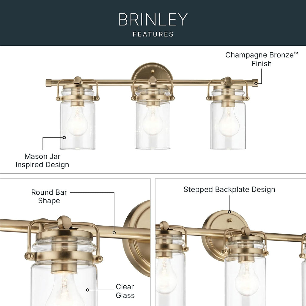 Kichler Brinley 24' 3-Light Bathroom Vanity Light Fixture with Clear Glass in Champagne Bronze, Modern Farmhouse Mason Jar Style for Mirror Lighting (24' W x 10.25' H), 45689CPZ