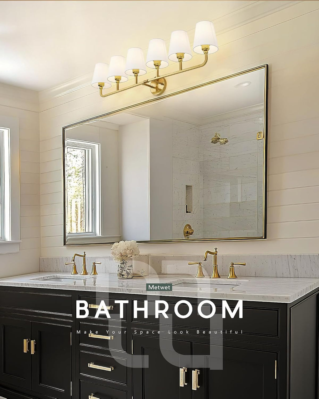Bathroom Light Fixtures, 42 Inch Brushed Gold Vanity Lights with Flared White Fabric Shade, 6-Light Wall Sconce, Modern Sconces Wall Lighting for Hallway Bedroom, VL837-BG-6