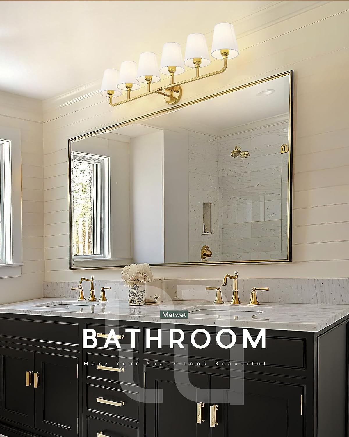 Bathroom Light Fixtures, 42 Inch Brushed Gold Vanity Lights with Flared White Fabric Shade, 6-Light Wall Sconce, Modern Sconces Wall Lighting for Hallway Bedroom, VL837-BG-6