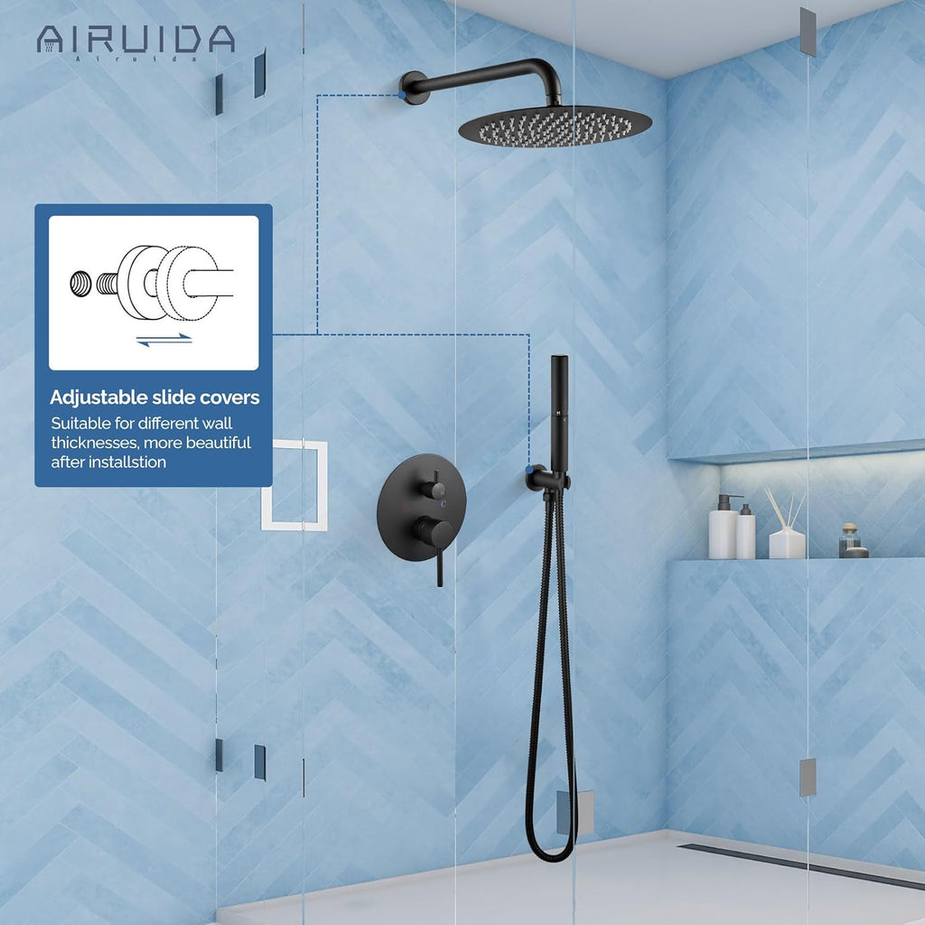 Airuida Shower Faucet Set, Bathtub Faucet Set with 12 Inch Rain Shower Head and Valve,2 Functions Tub Shower Faucet Set for Bathroom-Matte Black