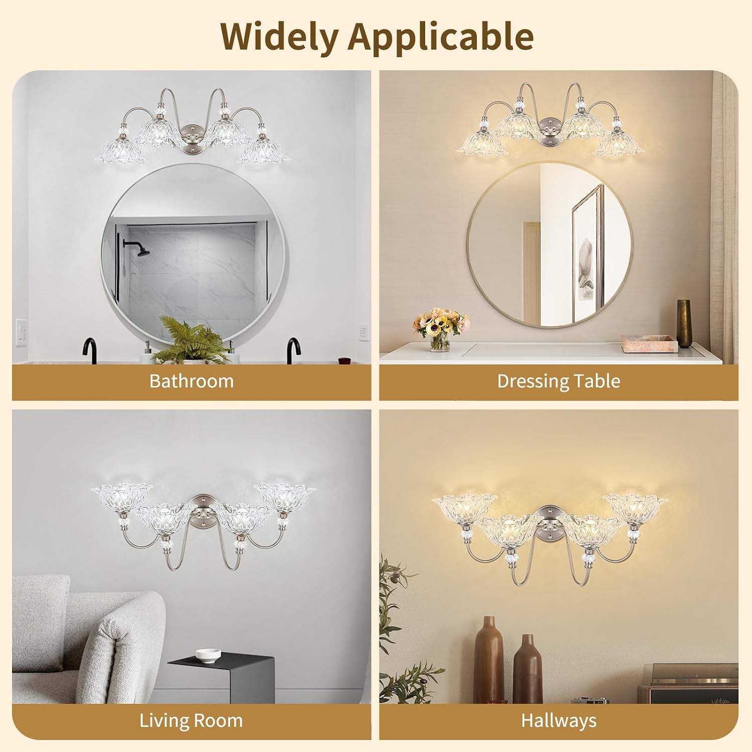 Brushed Nickel Bathroom Vanity Light, 4-Light Vanity Light with Floral Clear Glass Shades, Brushed Nickel Wall Mount Lighting for Bathroom, Dressing Table