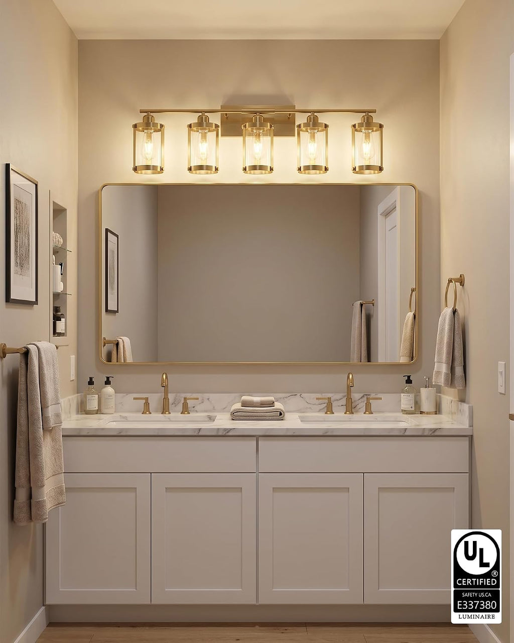 5-Light Brushed Gold Bathroom Light Fixtures Over Mirror with Clear Glass and Metal Cage Shade, 38' UL-Listed Modern Farmhouse Wall Sconce for Bath, Hardwire E26, OS-3014BG-5W