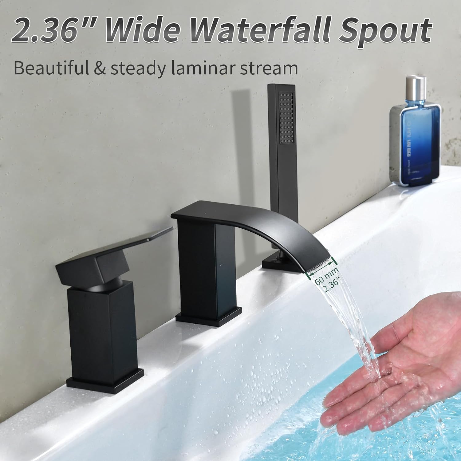 TapLong Waterfall Roman Tub Faucet with Hand Shower, Deck Mount 3 Hole Bathtub Faucet Set High Flow Bath Tub Faucet Set Deck Mount Solid Brass, Matte Black,03766B