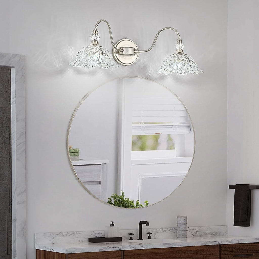 Brushed Nickel Bathroom Vanity Light, 2-Light Vanity Light with Floral Clear Glass Shades, Nickel Wall Mount Lighting for Bathroom, Dressing Table