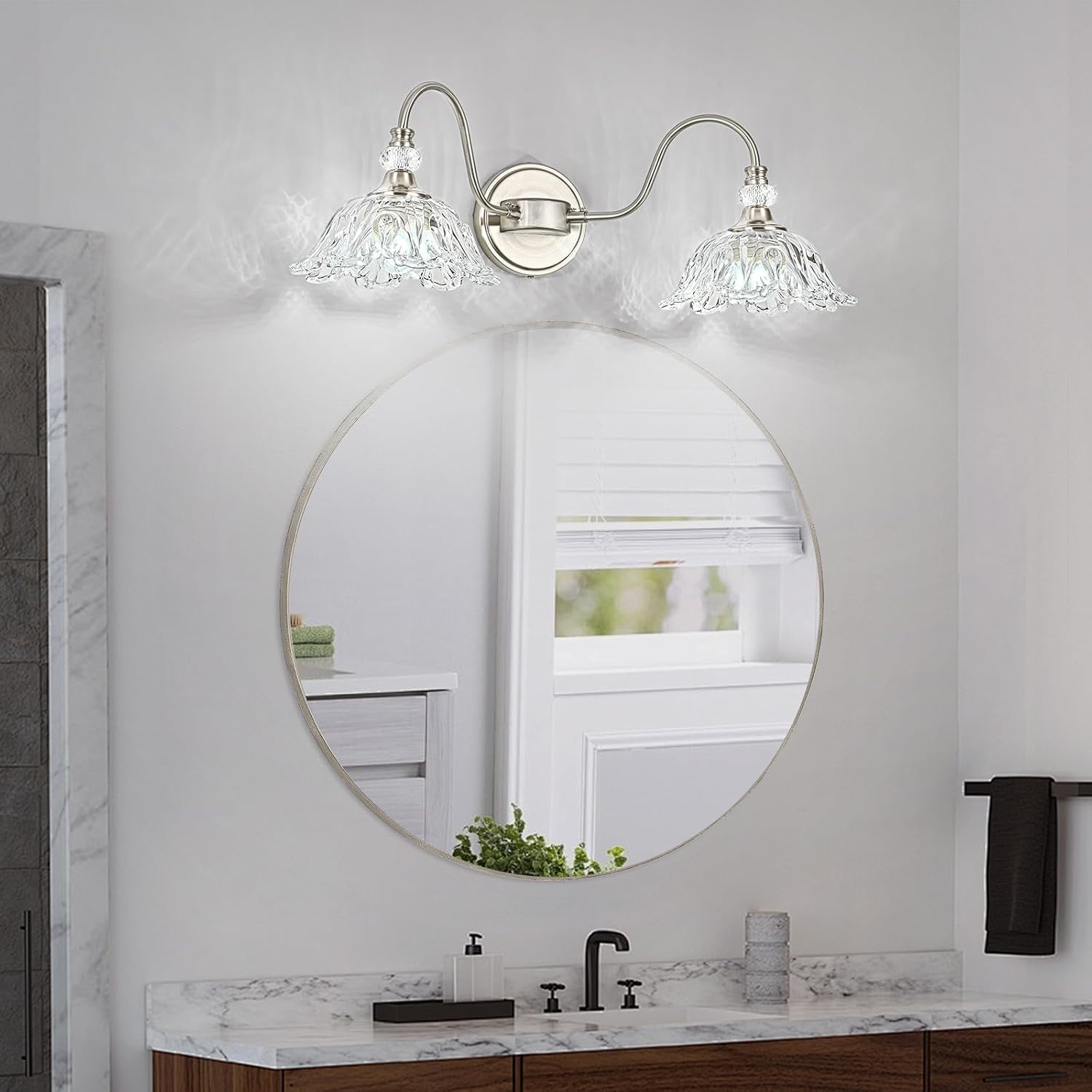 Brushed Nickel Bathroom Vanity Light, 2-Light Vanity Light with Floral Clear Glass Shades, Nickel Wall Mount Lighting for Bathroom, Dressing Table