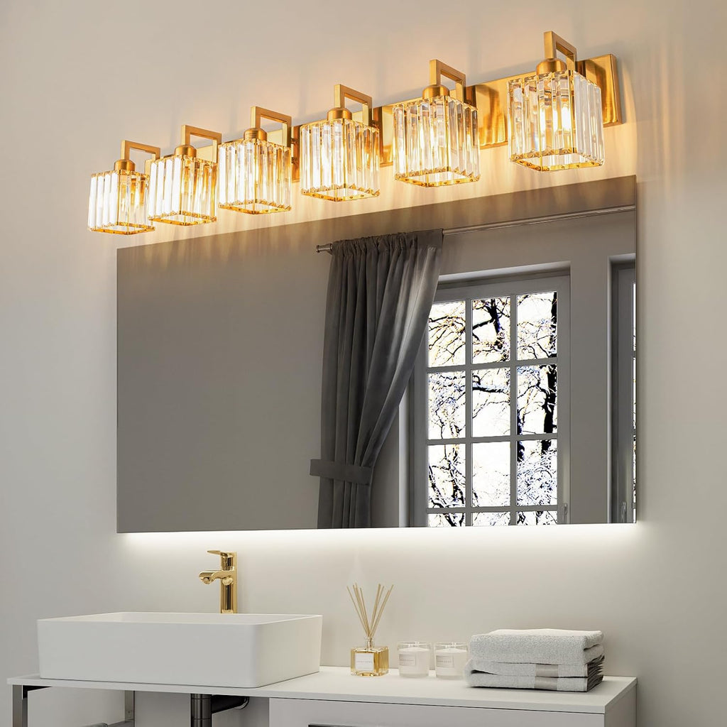 Crystal Bathroom Vanity Light 6-Lights Gold Brushed Brass Finish Modern Crystal Wall Lamp Bathroom Modern Crystal Vanity Lighting